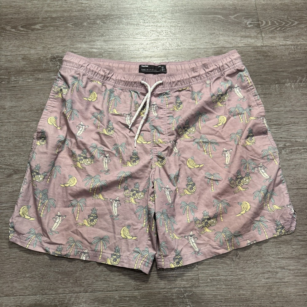 Public Opinion Shorts Mens Large Pink Swim Trunks Mesh‎ Lined Banana Print Beach